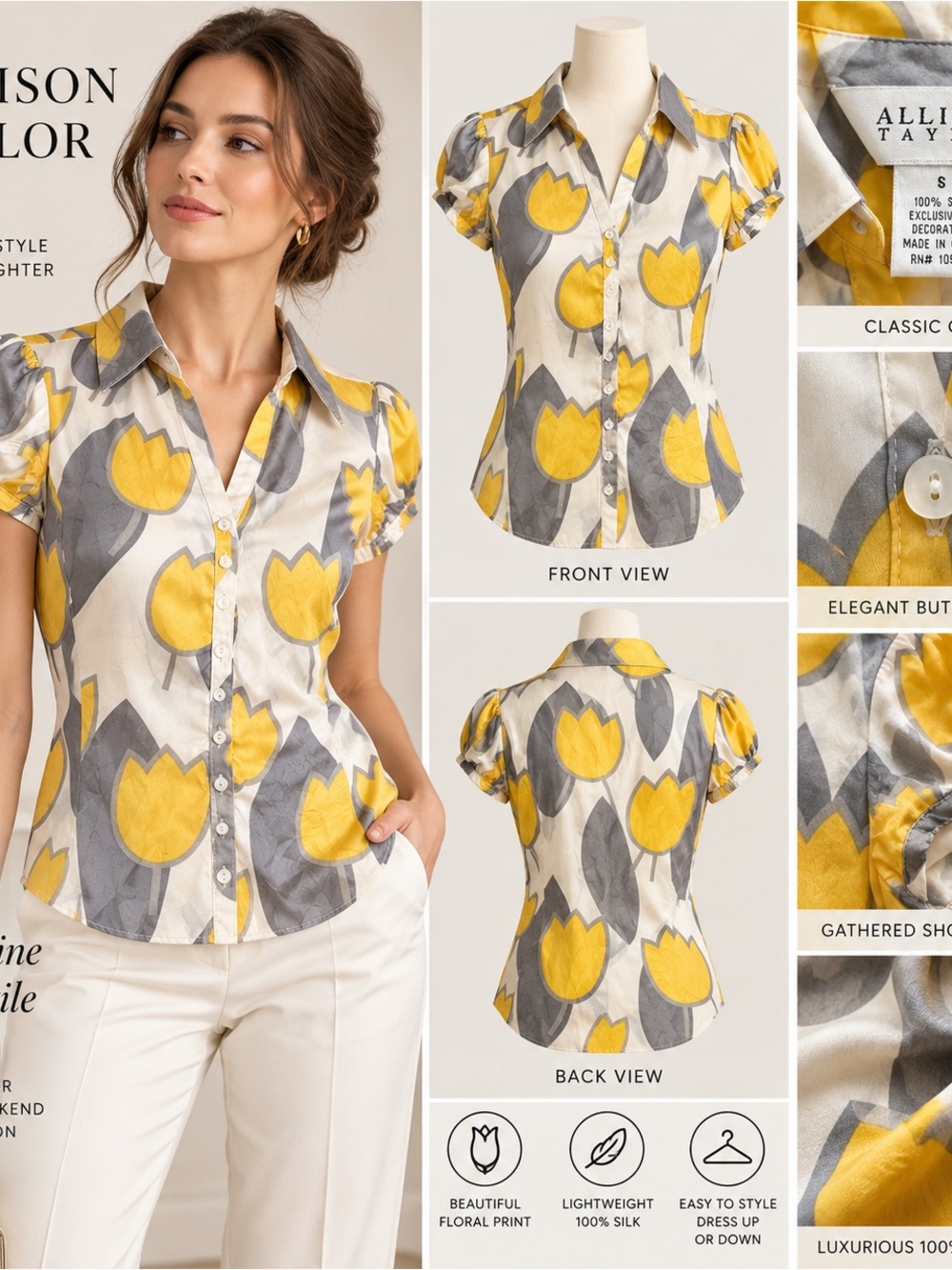 Allison Taylor 100% Silk Tulip Floral Button Front Blouse Size S